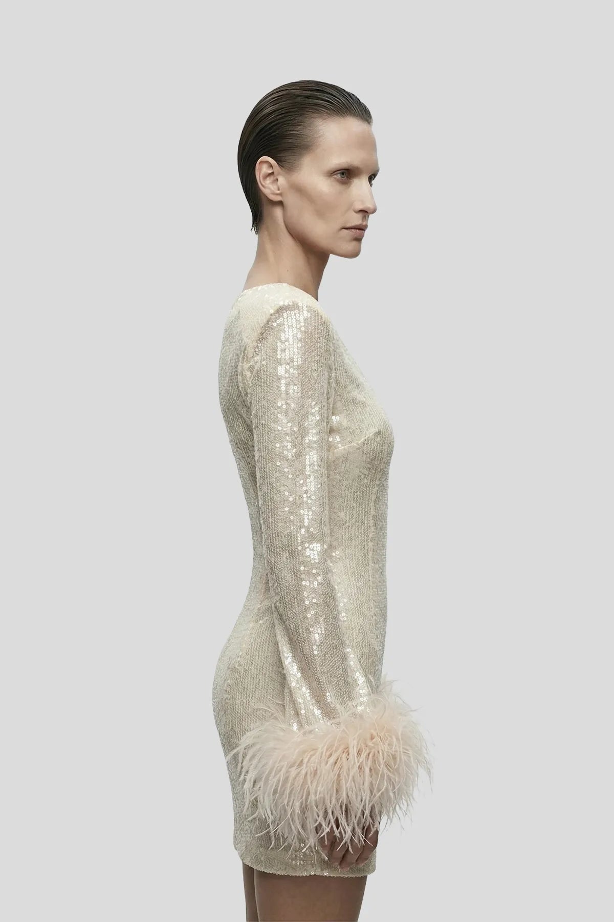 DW Ateller Sequin V-Neck Mini Dress with Ostrich Feather Cuffs
