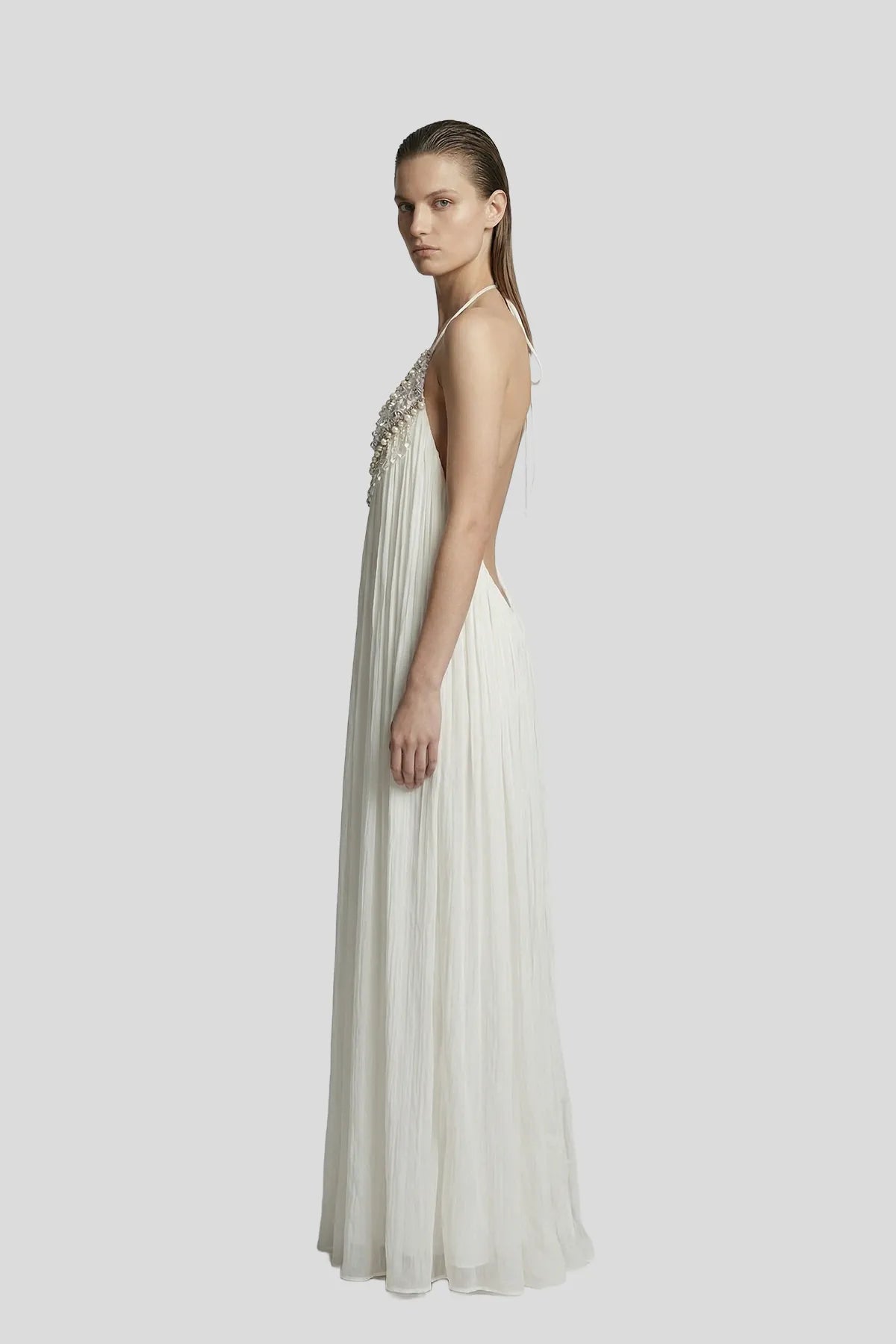 DW Ateller The Elysian Pearl-Encrusted Pleated Maxi Dress