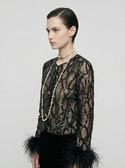 Sequin Lace Feather-Cuff Evening Jacket