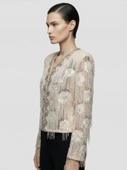 Crystal-Trimmed Sequined Lace Cropped Jacket