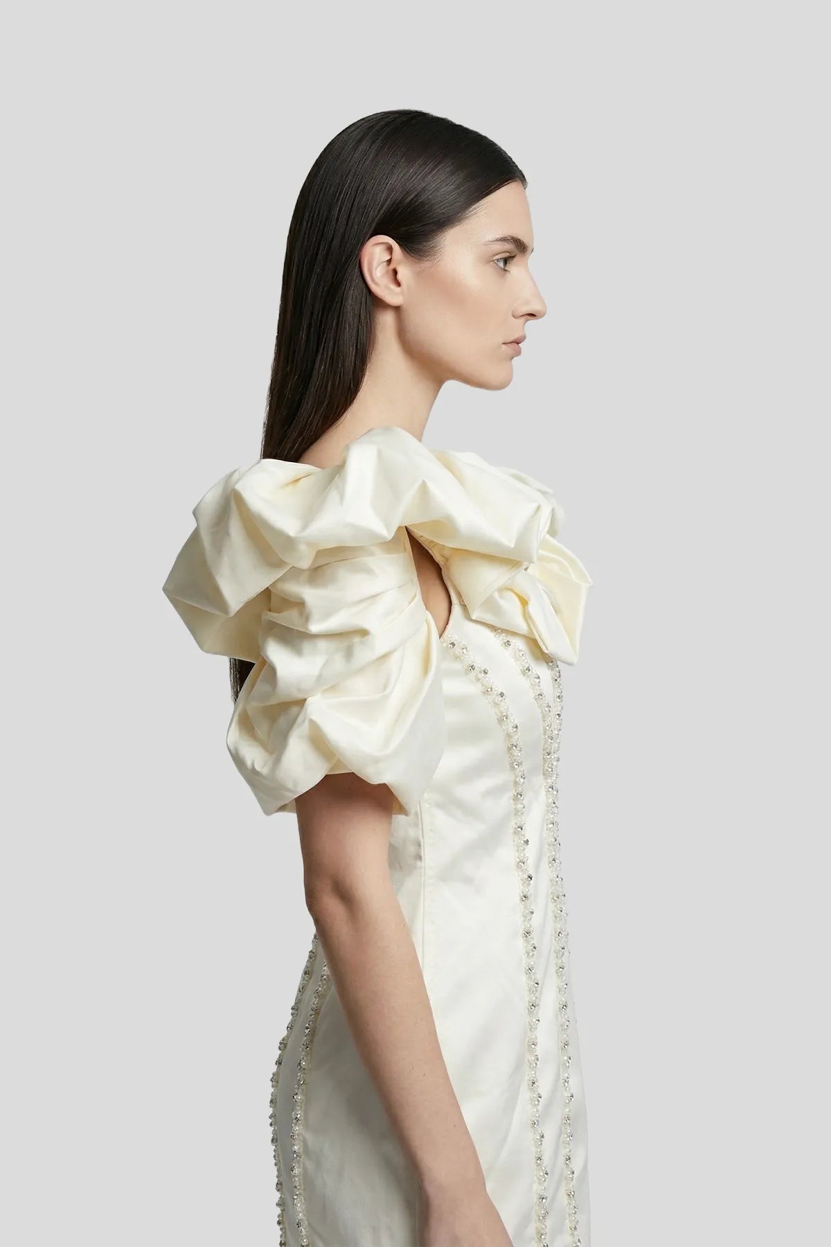 Sculptural Pearl-Embellished Mini Dress