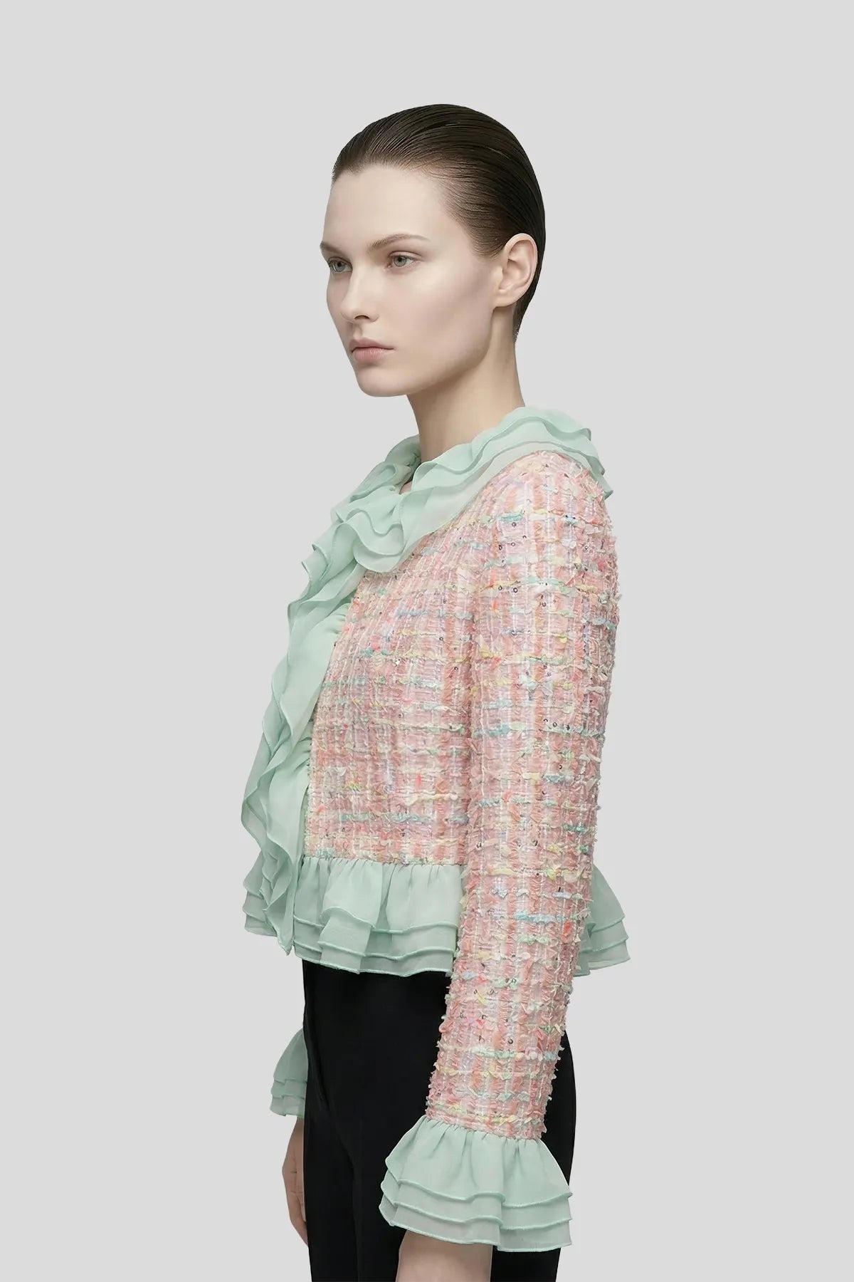 Pastel Tweed & Organza Ruffle Cropped Jacket Imagen secundaria del producto