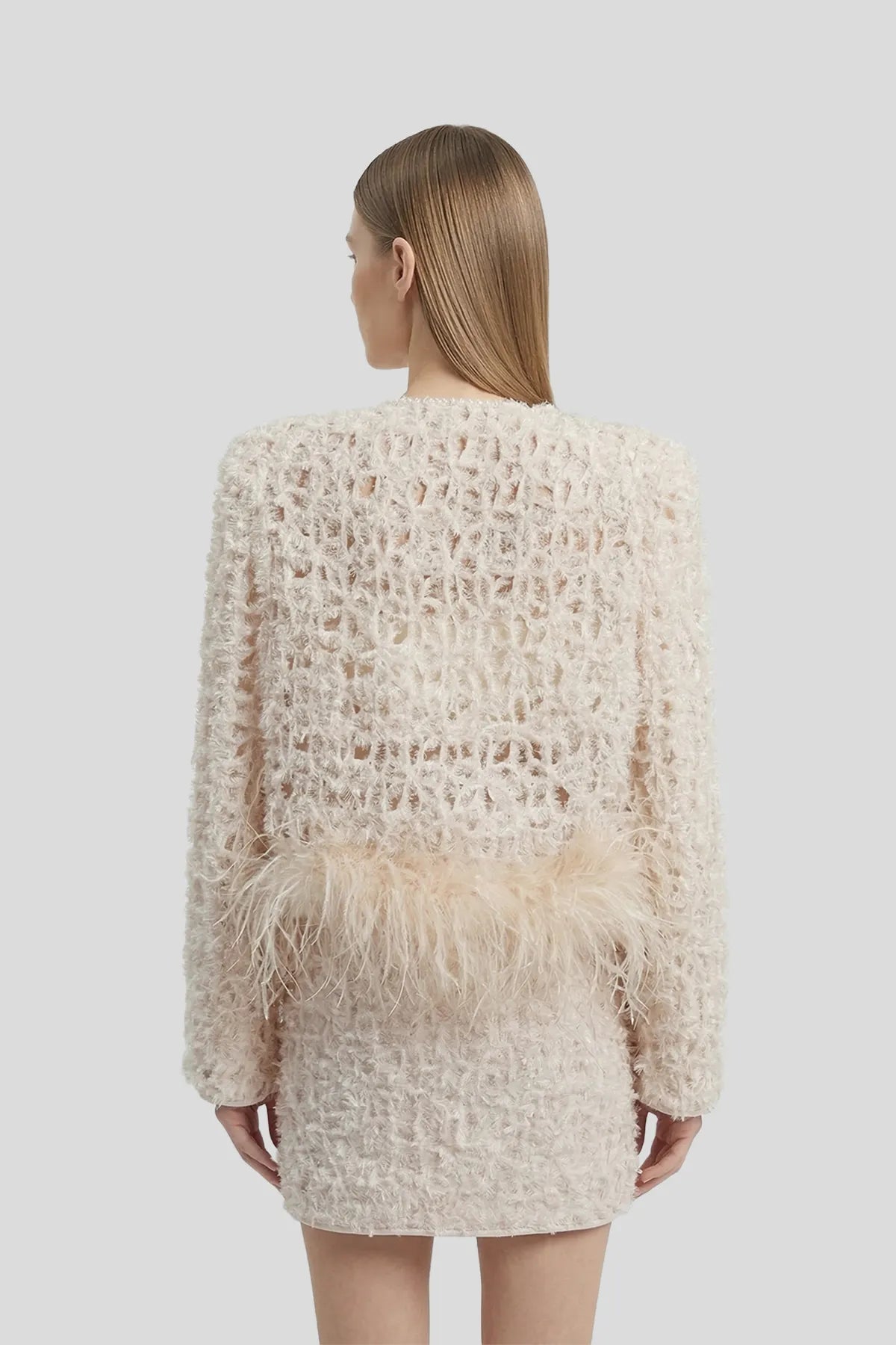 DW Ateller Feather-Trimmed Textured Tweed Jacket & Mini Skirt