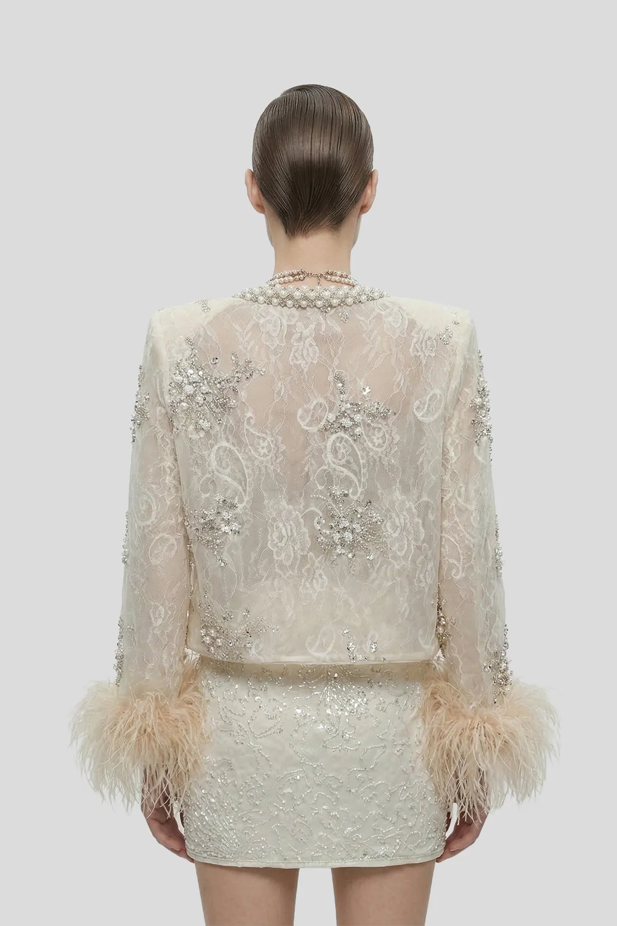 DW Ateller Pearl-Encrusted Lace Jacket & Beaded Mini Skirt