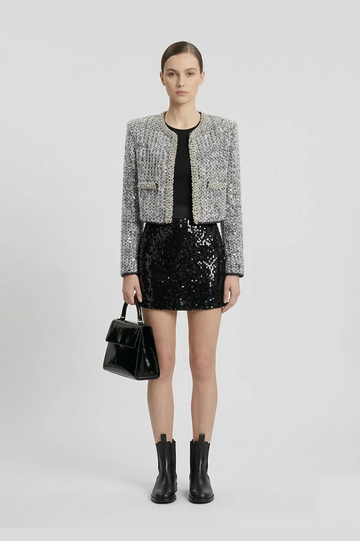 DW Ateller Sequin-Embellished Cropped Tweed Jacket in Metallic Silver