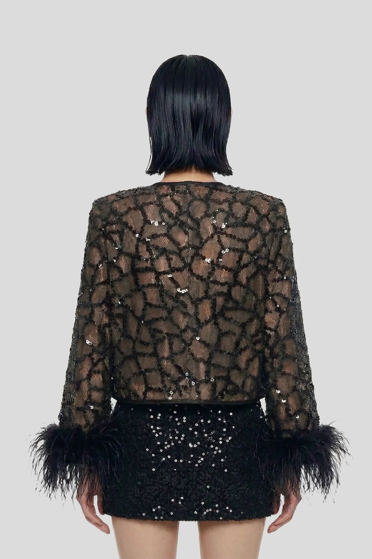 DW Ateller Sequin Lace Feather-Cuff Evening Jacket