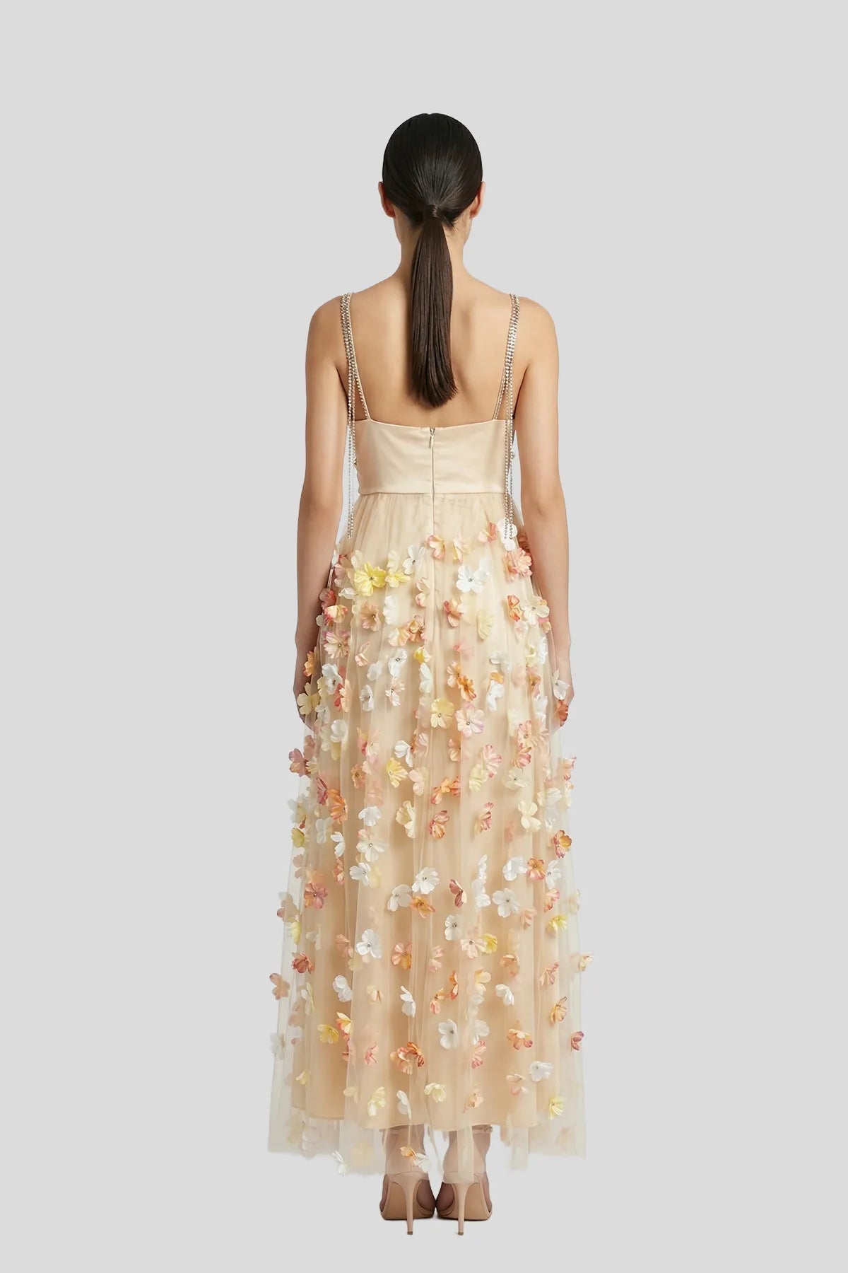 3D Floral Appliqué Tulle Gown