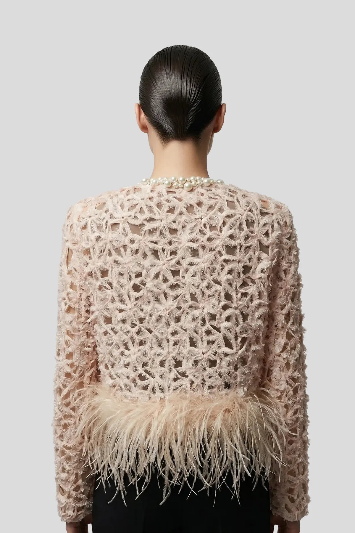 DW Ateller Pearl & Feather Trimmed Textured Evening Jacket