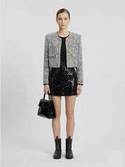 Sequin-Embellished Cropped Tweed Jacket in Metallic Silver