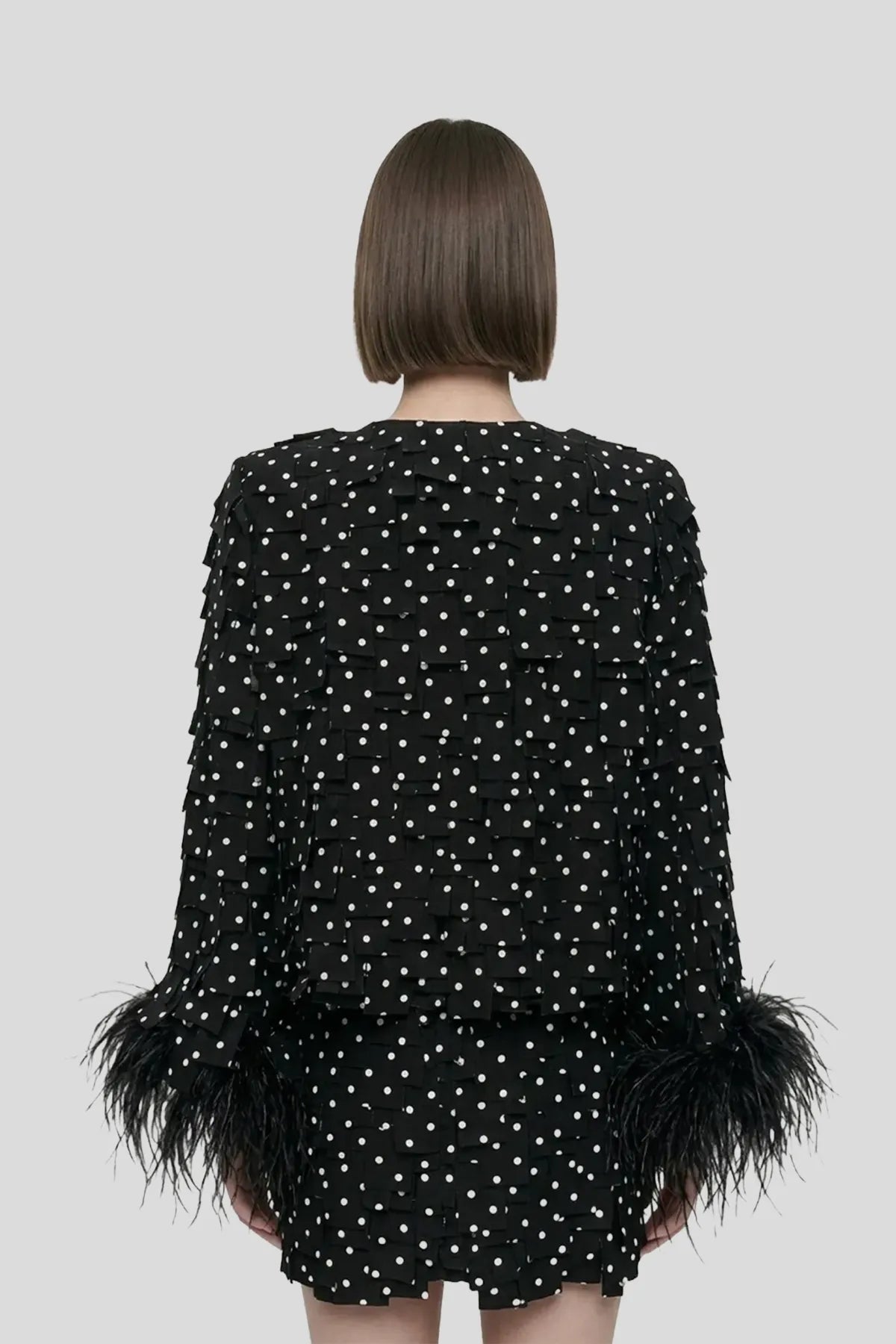 DW Ateller Polka-Dot Textured Tweed Set with Ostrich Feather Trim