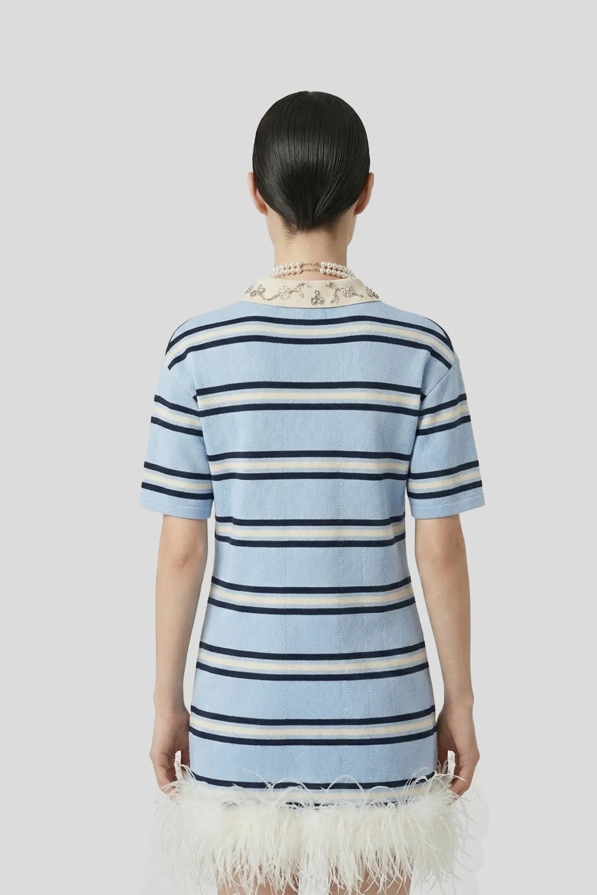DW Ateller Pearl-Embellished Striped Knit Mini Dress with Ostrich Feather Trim