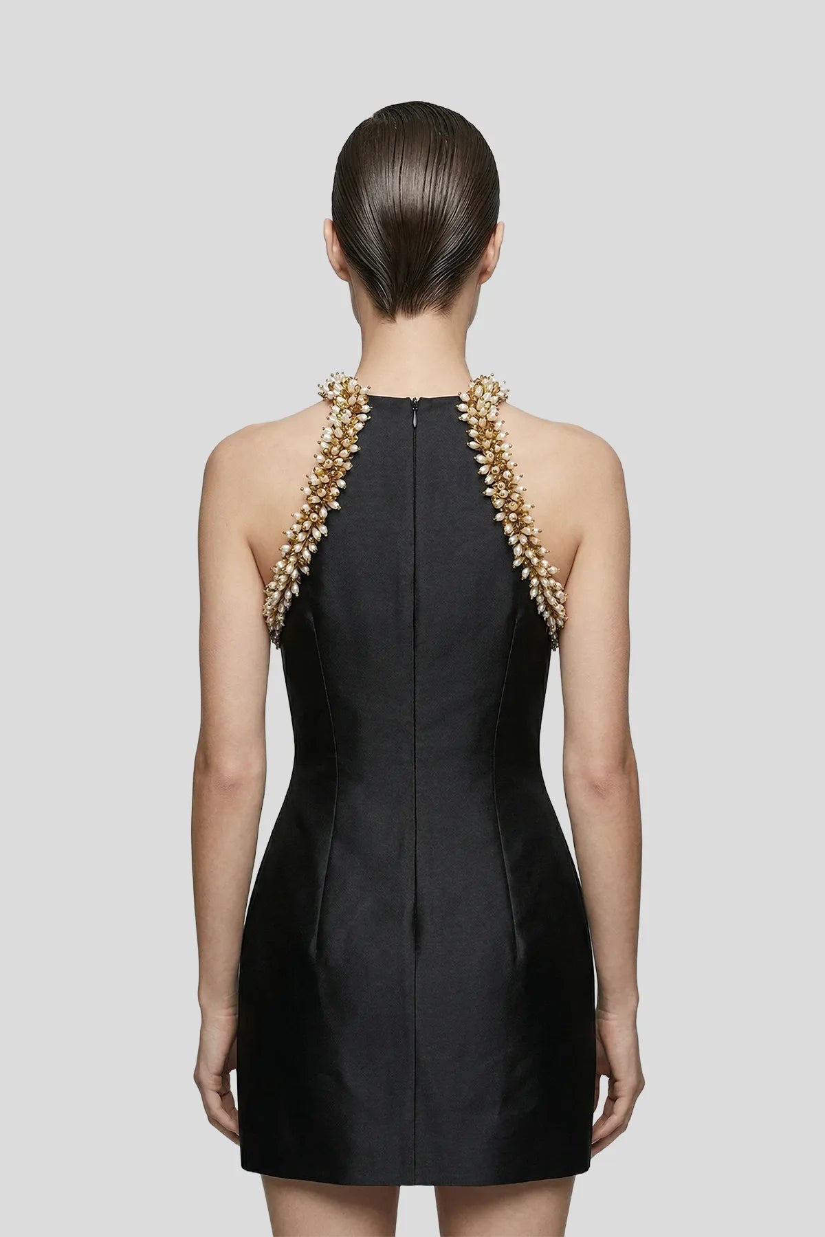 DW Ateller The Calista Pearl-Encrusted Crossover Mini Dress