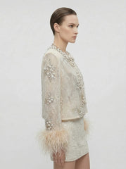 Pearl-Encrusted Lace Jacket & Beaded Mini Skirt