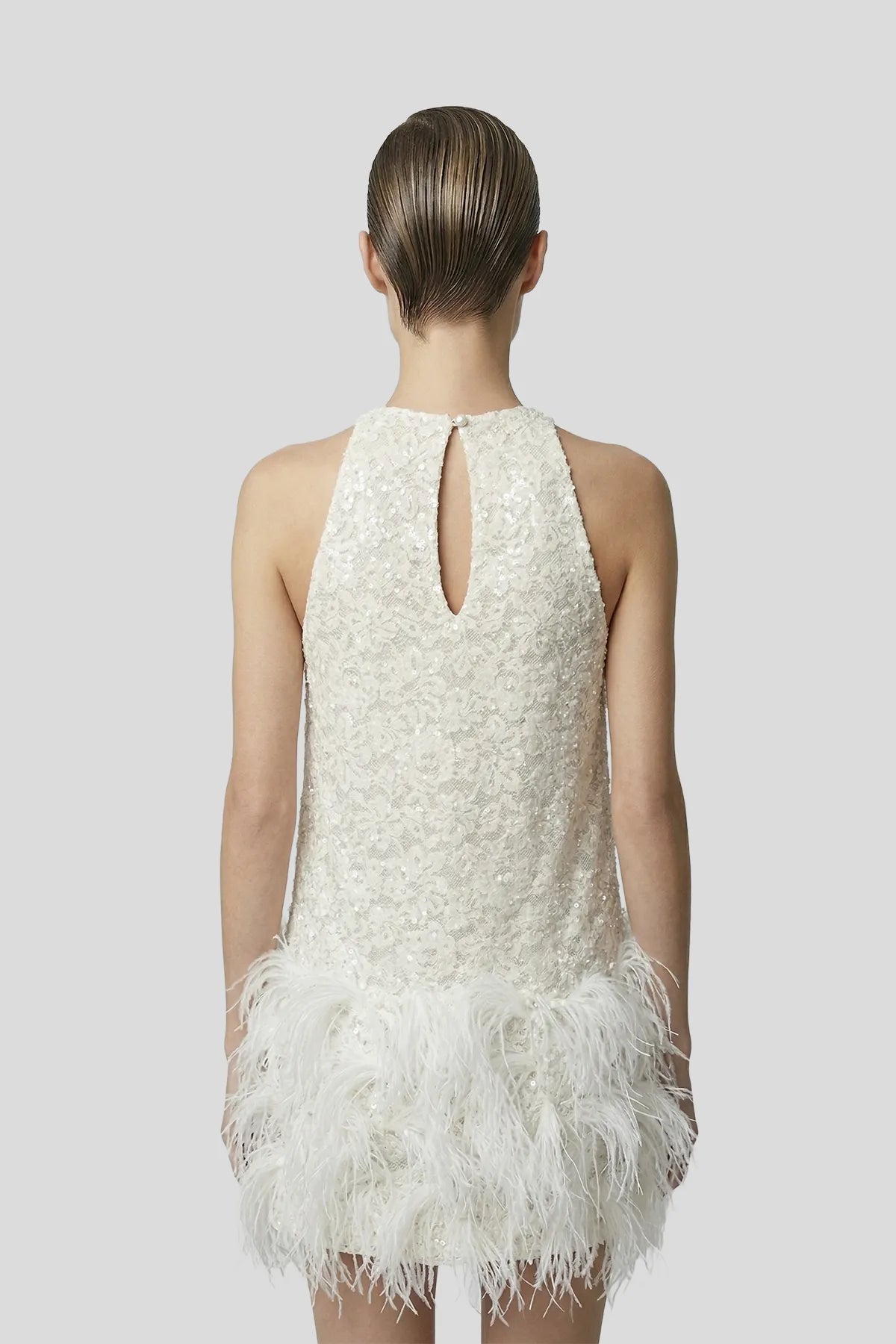 DW Ateller The Seraphina Sequined Lace & Ostrich Feather Mini Dress