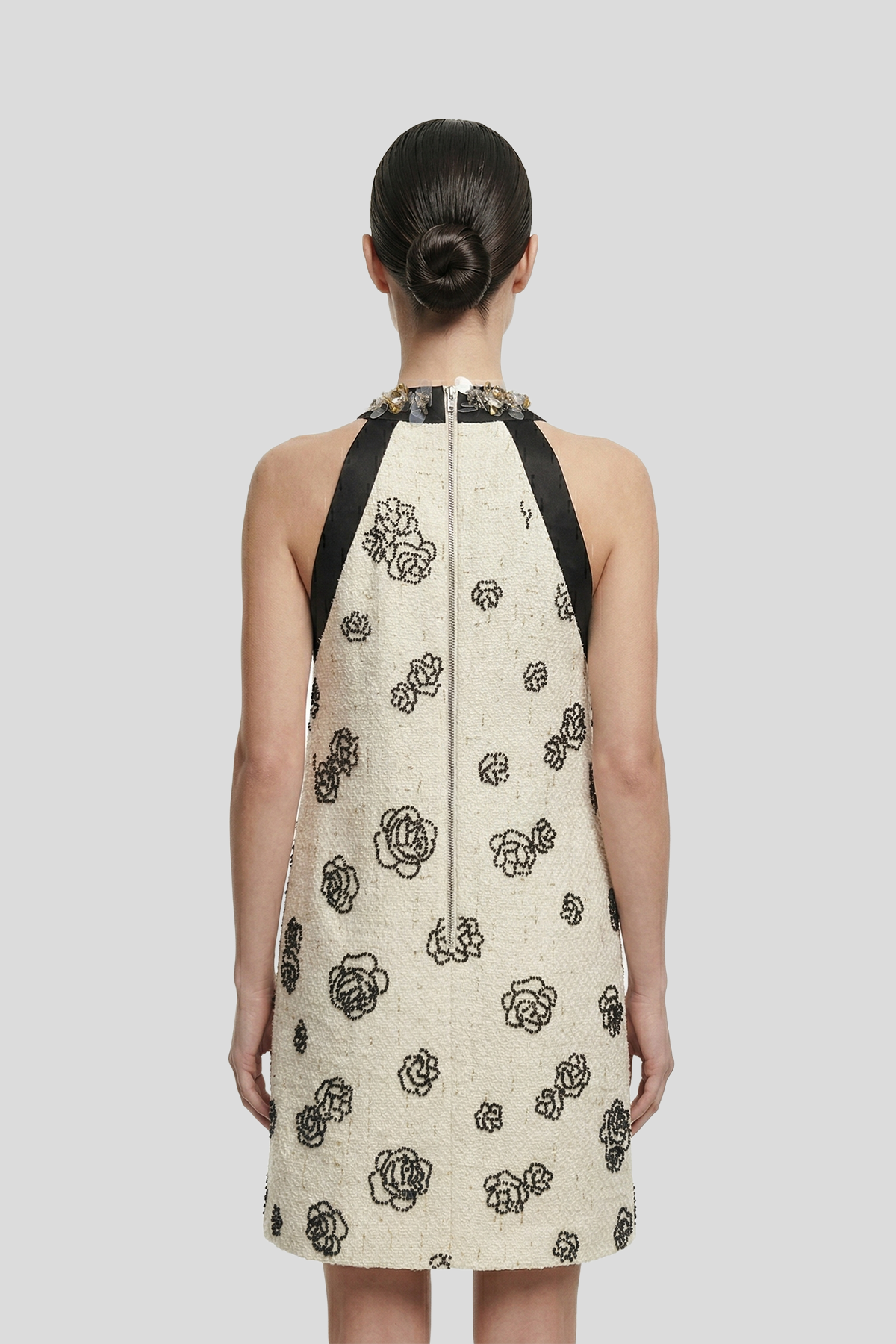 DW Ateller Beaded Floral Tweed Halter Mini Dress