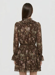 Romantic Ruffle Floral Silk Chiffon Mini Dress