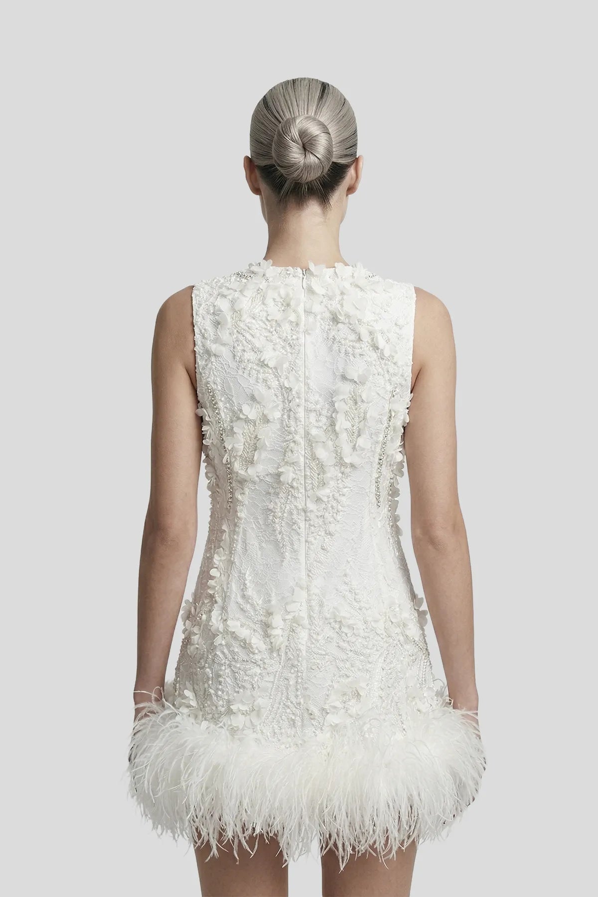 DW Ateller 3D Floral Embellished Mini Dress with Feather Hem