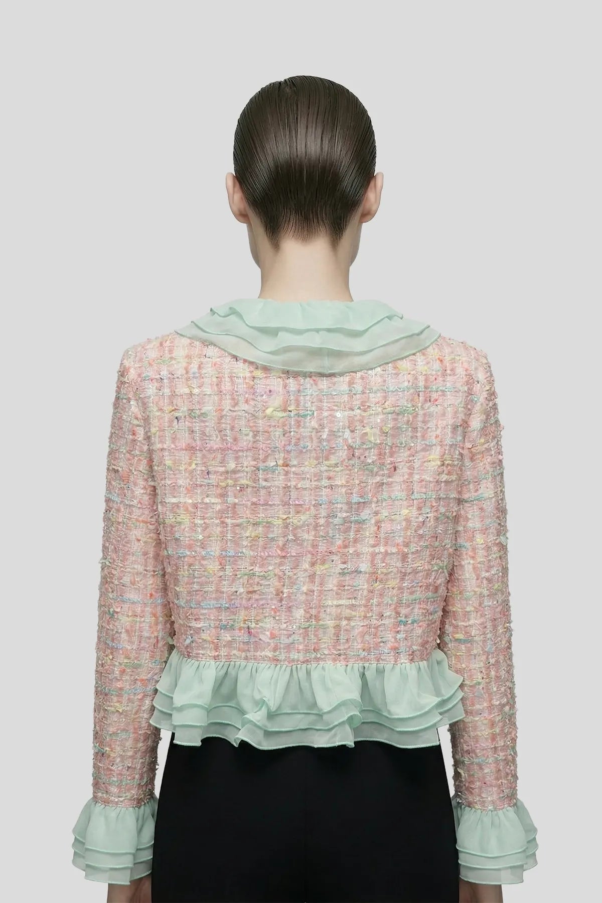 DW Ateller Pastel Tweed & Organza Ruffle Cropped Jacket