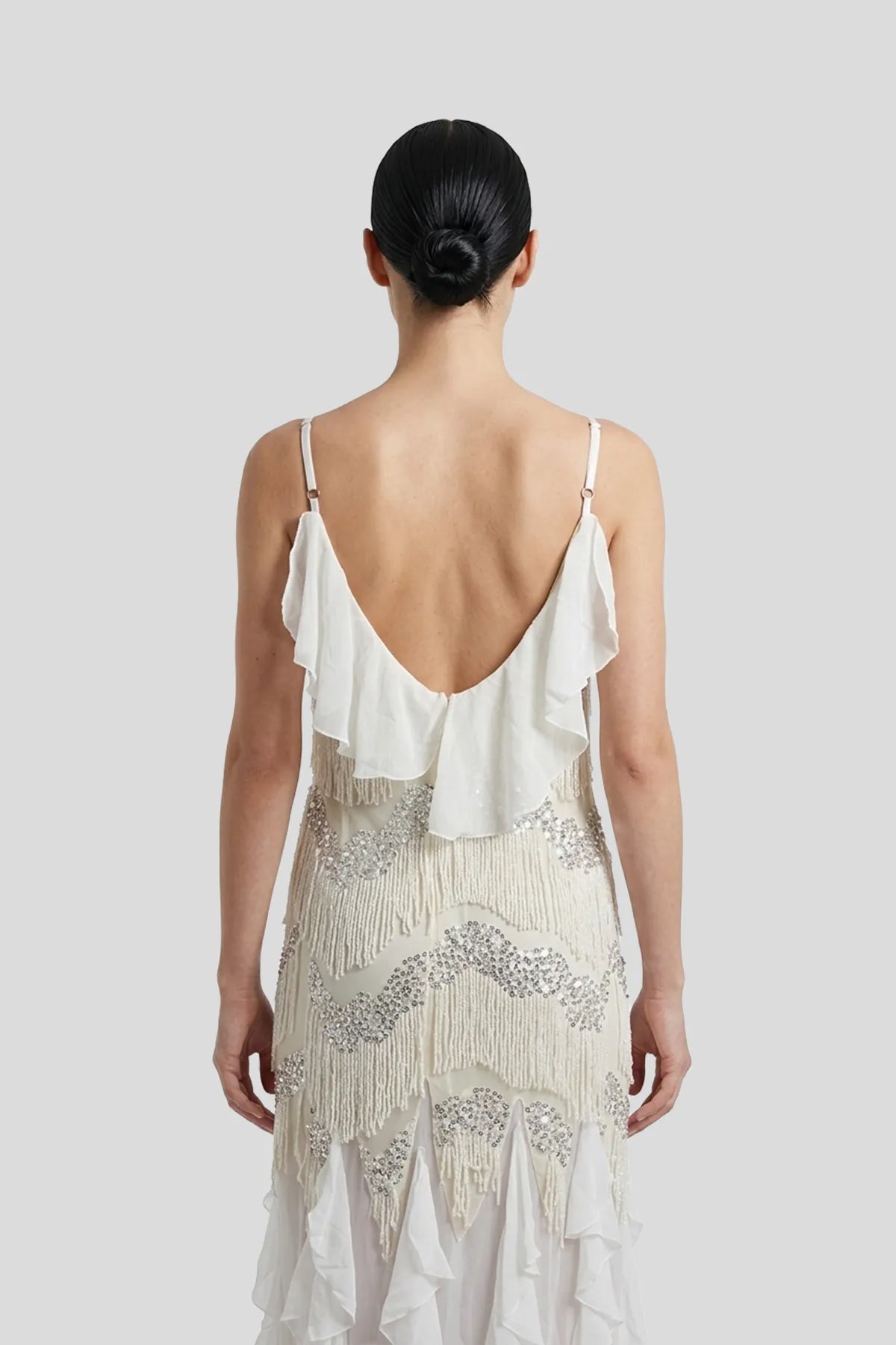 DW Ateller Tiered Beaded Fringe Sequin Maxi Gown
