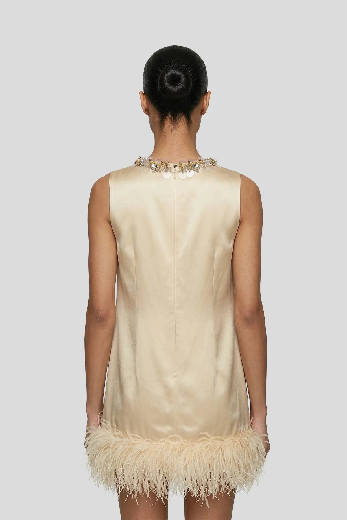 DW Ateller Embellished Satin Mini Dress with Feather Hem