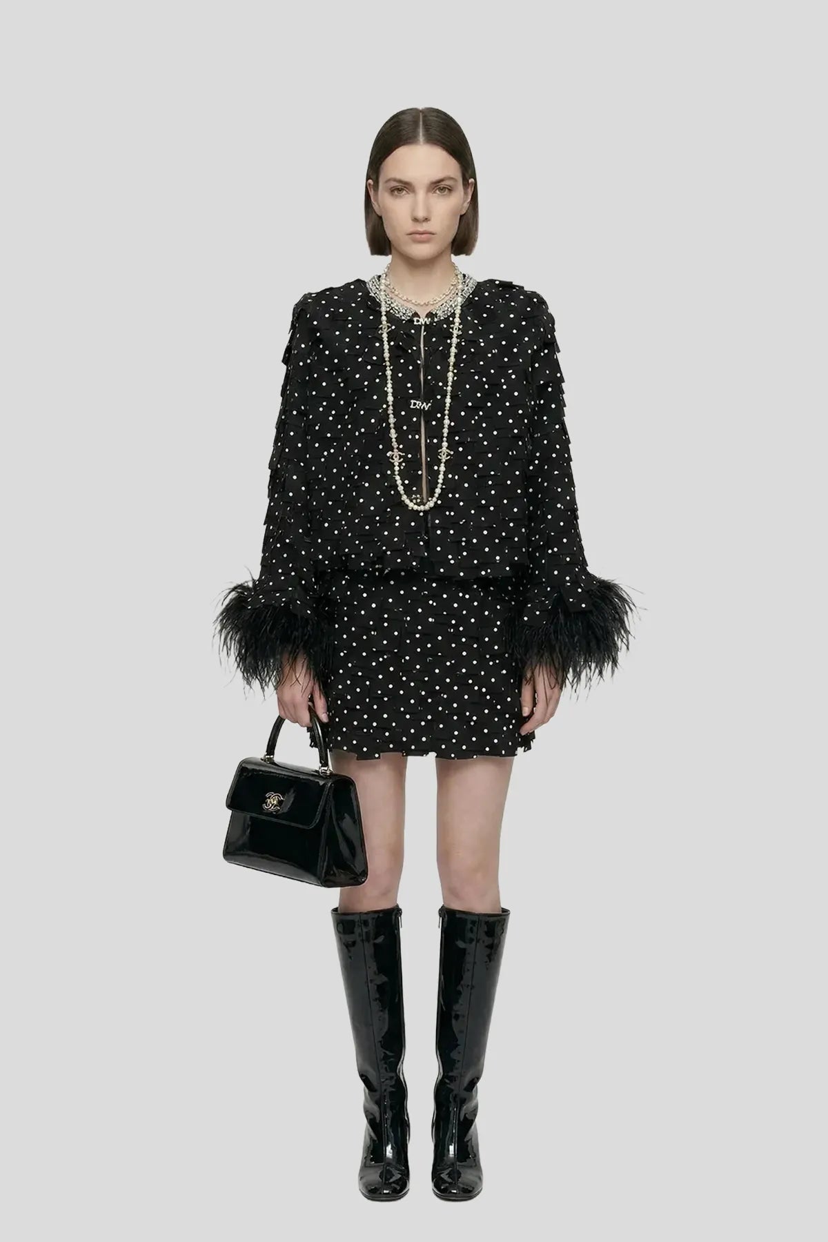DW Ateller Polka-Dot Textured Tweed Set with Ostrich Feather Trim