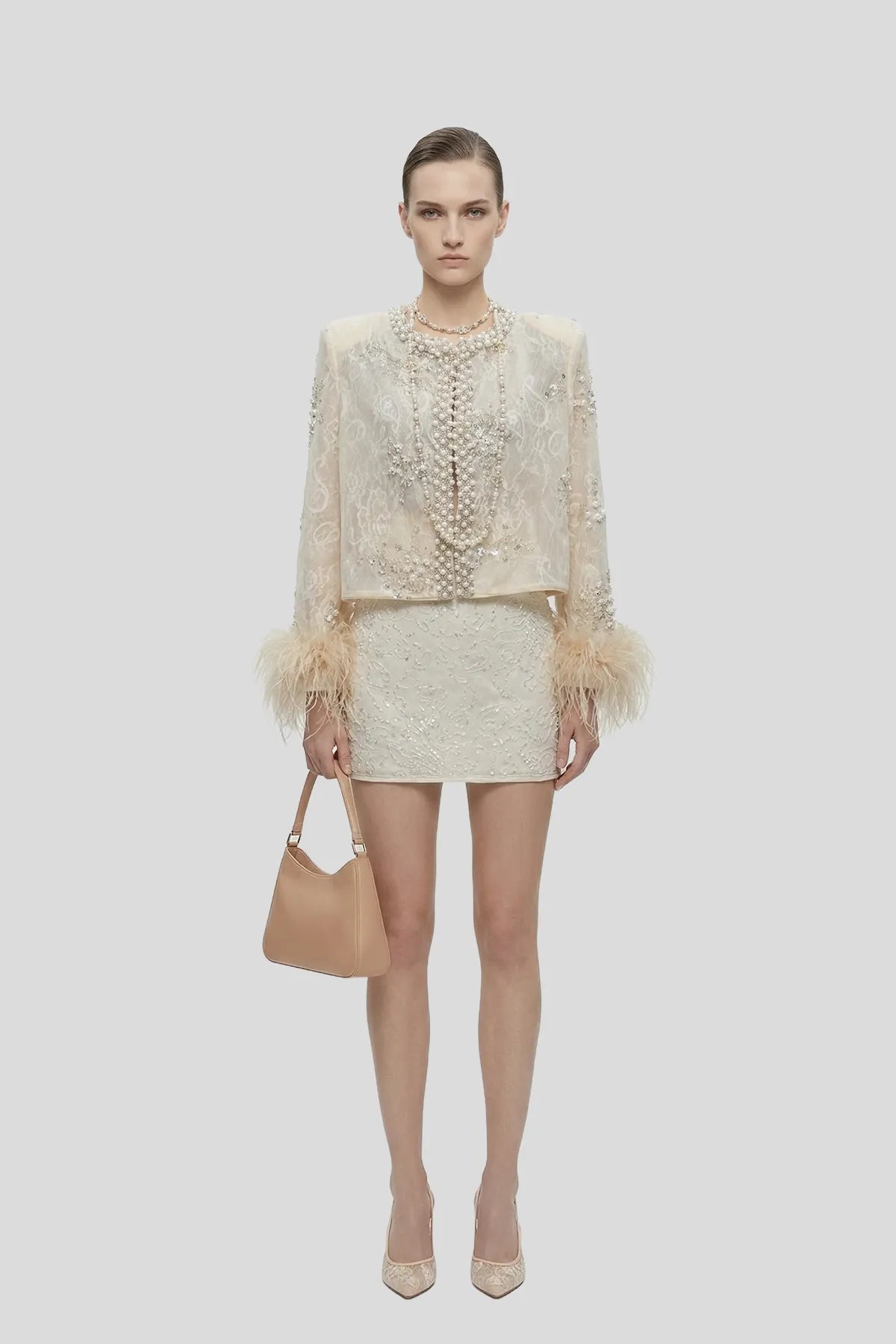 DW Ateller Pearl-Encrusted Lace Jacket & Beaded Mini Skirt