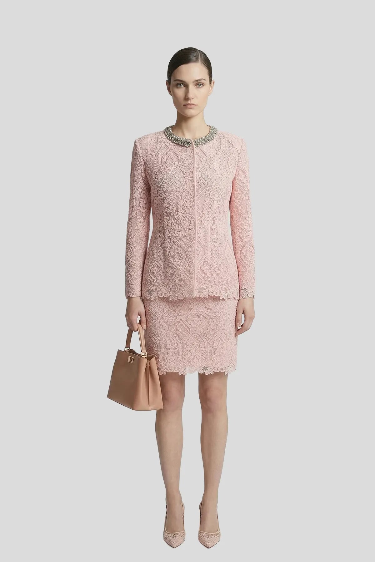 DW Ateller Crystal-Collar Rose Lace Tailored Set