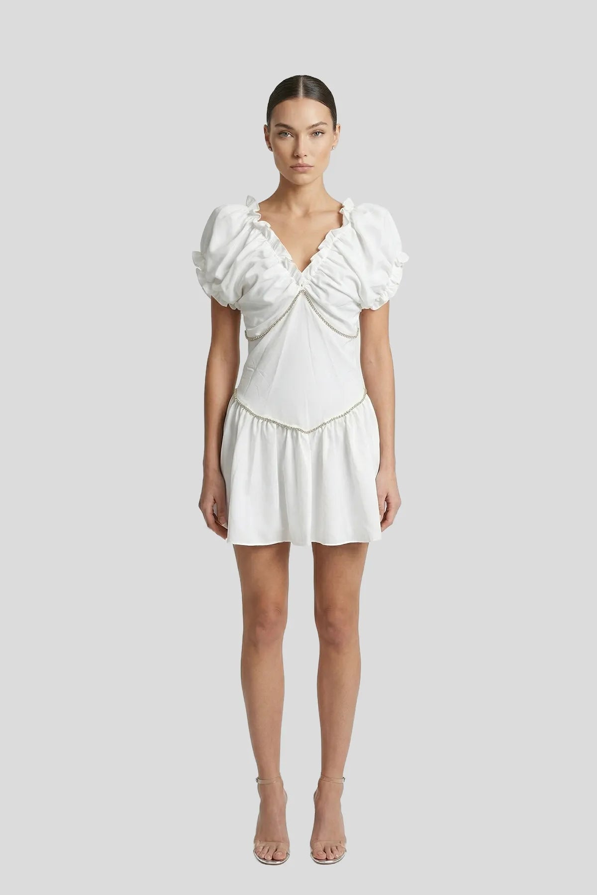 Crystal-Embellished Puff Sleeve Mini Dress