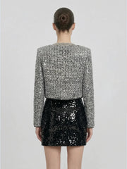 Sequin-Embellished Cropped Tweed Jacket in Metallic Silver