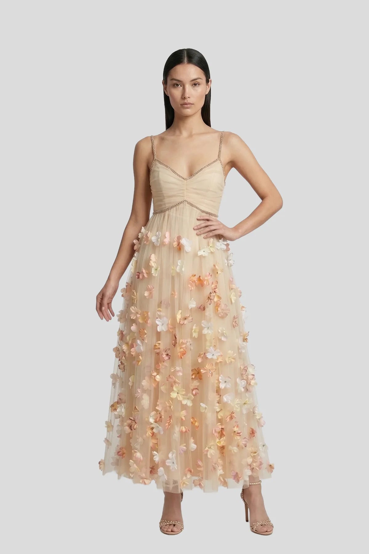 3D Floral Appliqué Tulle Gown