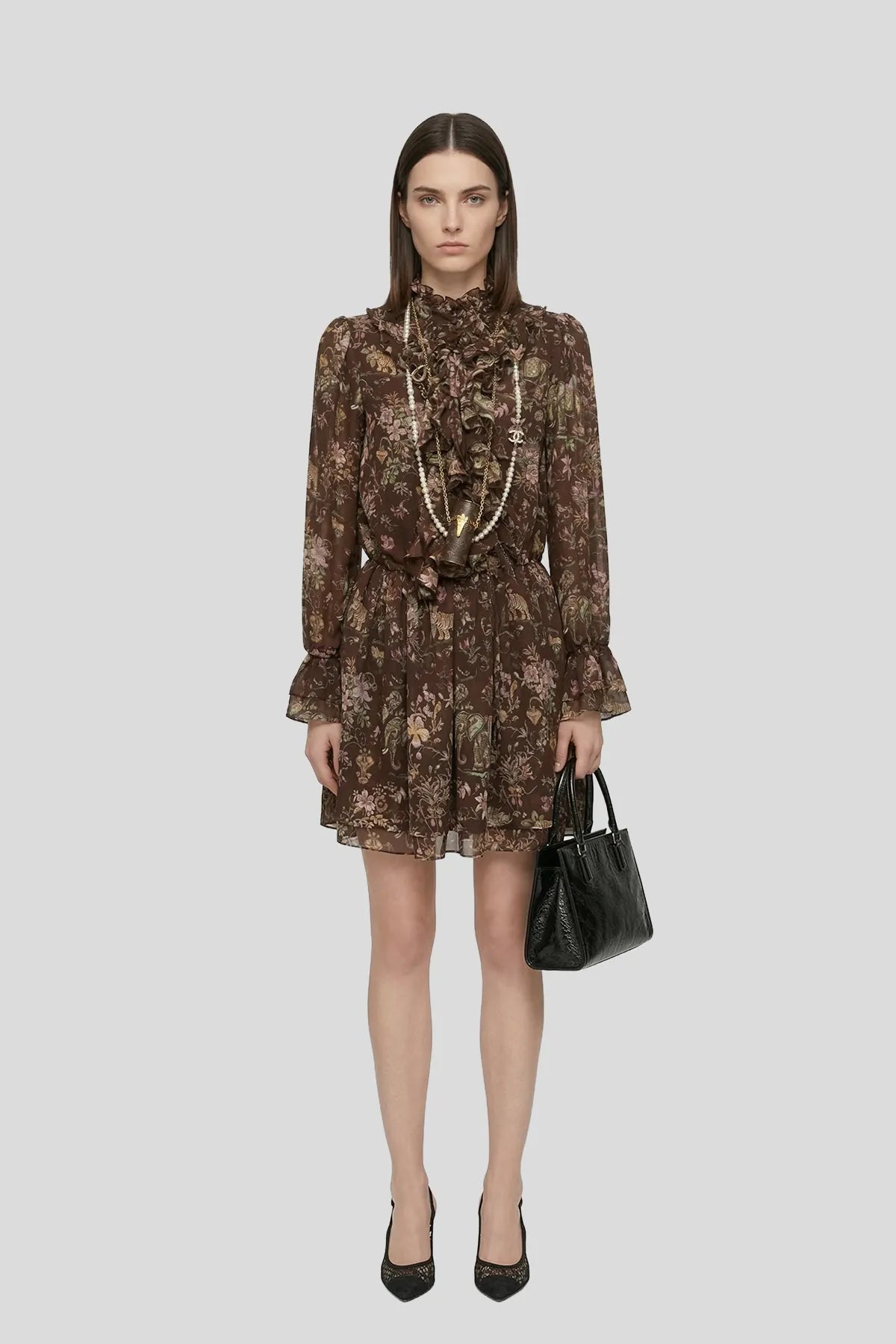 DW Ateller Romantic Ruffle Floral Silk Chiffon Mini Dress