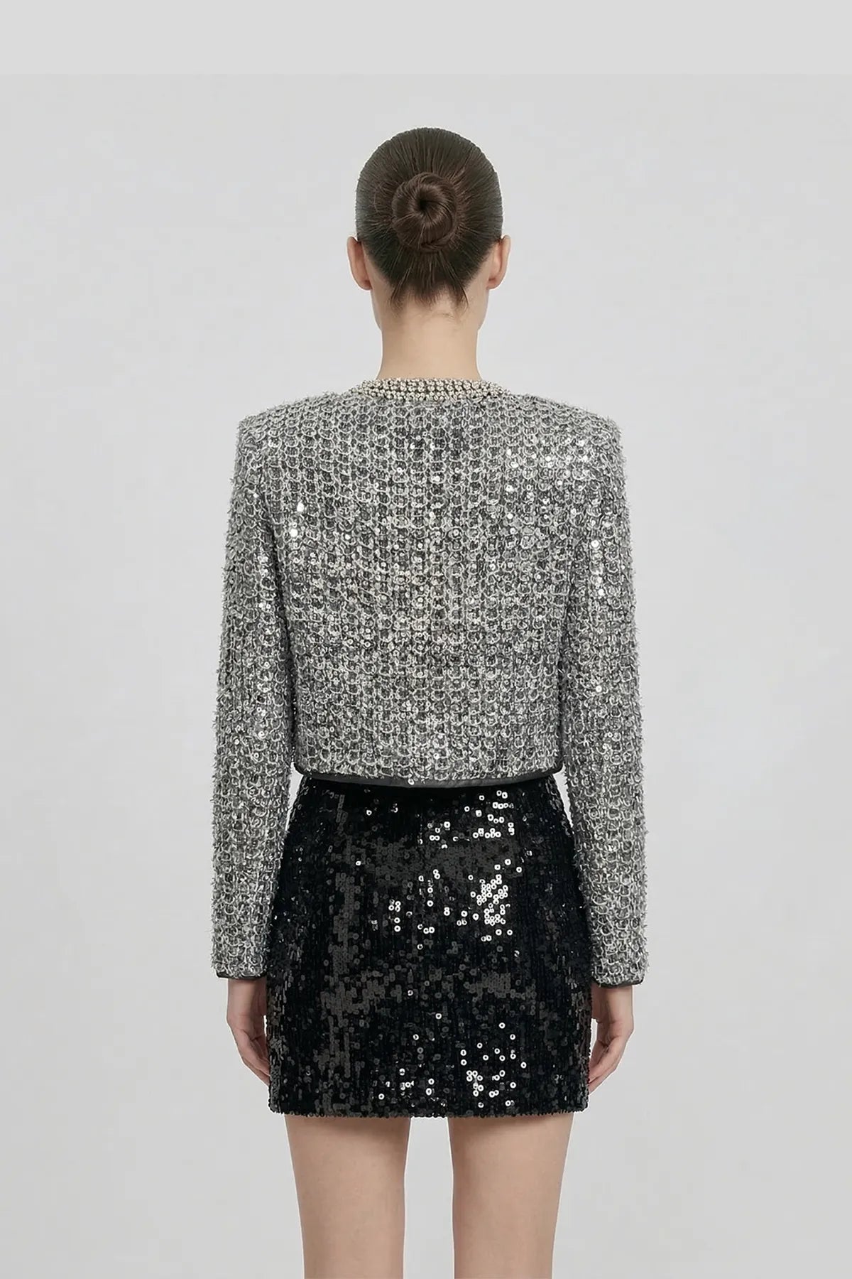 DW Ateller Sequin-Embellished Cropped Tweed Jacket in Metallic Silver