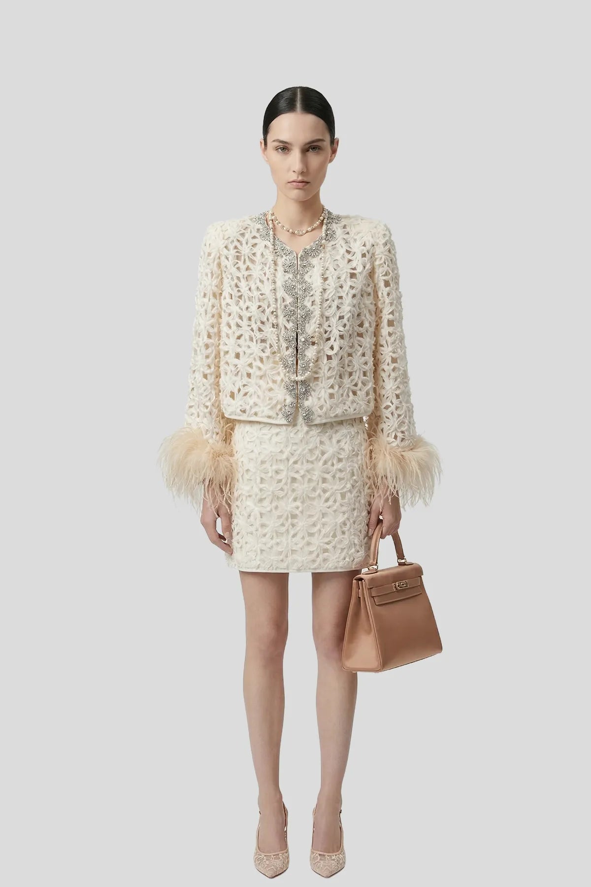 DW Ateller Guipure Lace Crystal-Trimmed Jacket & Skirt Set