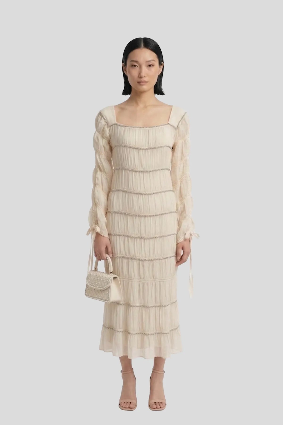 Tiered Crystal-Trim Midi Dress