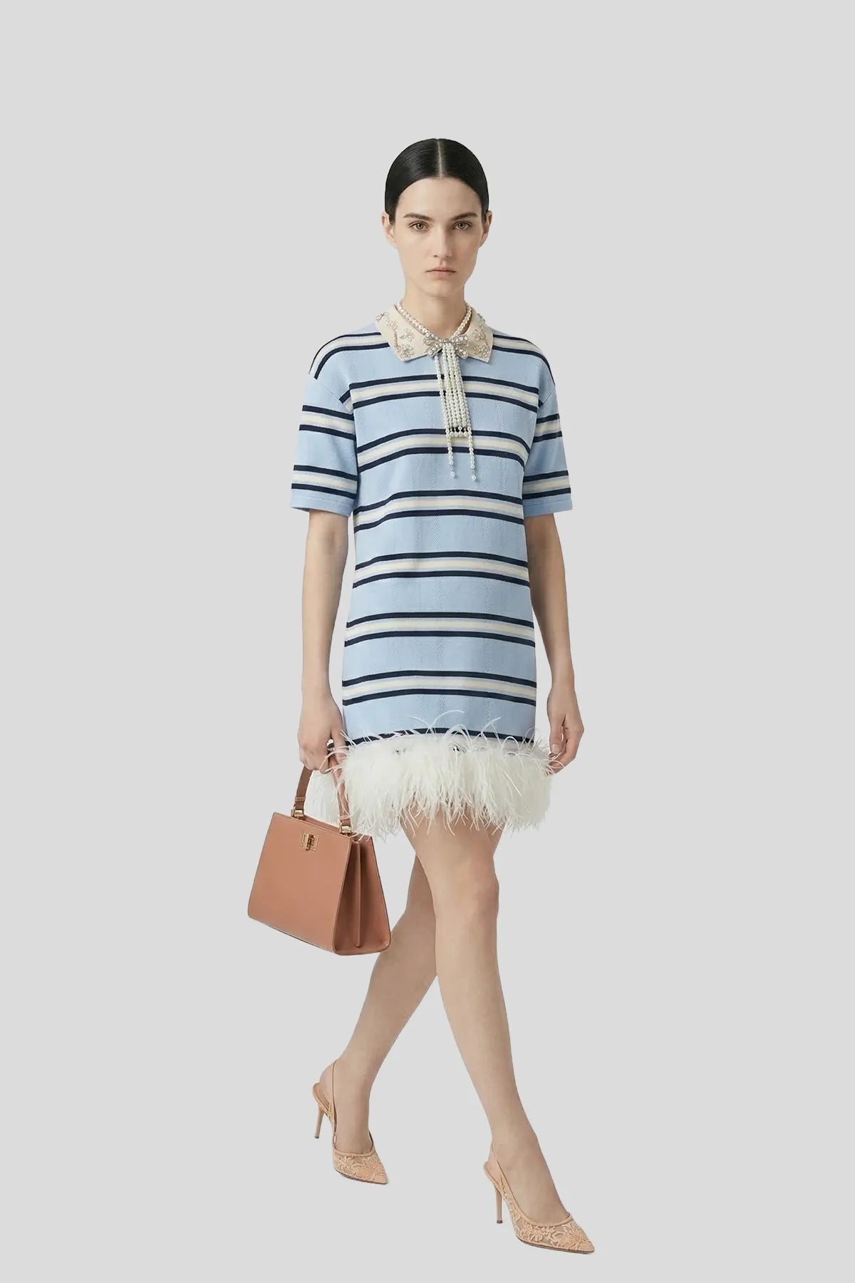 DW Ateller Pearl-Embellished Striped Knit Mini Dress with Ostrich Feather Trim