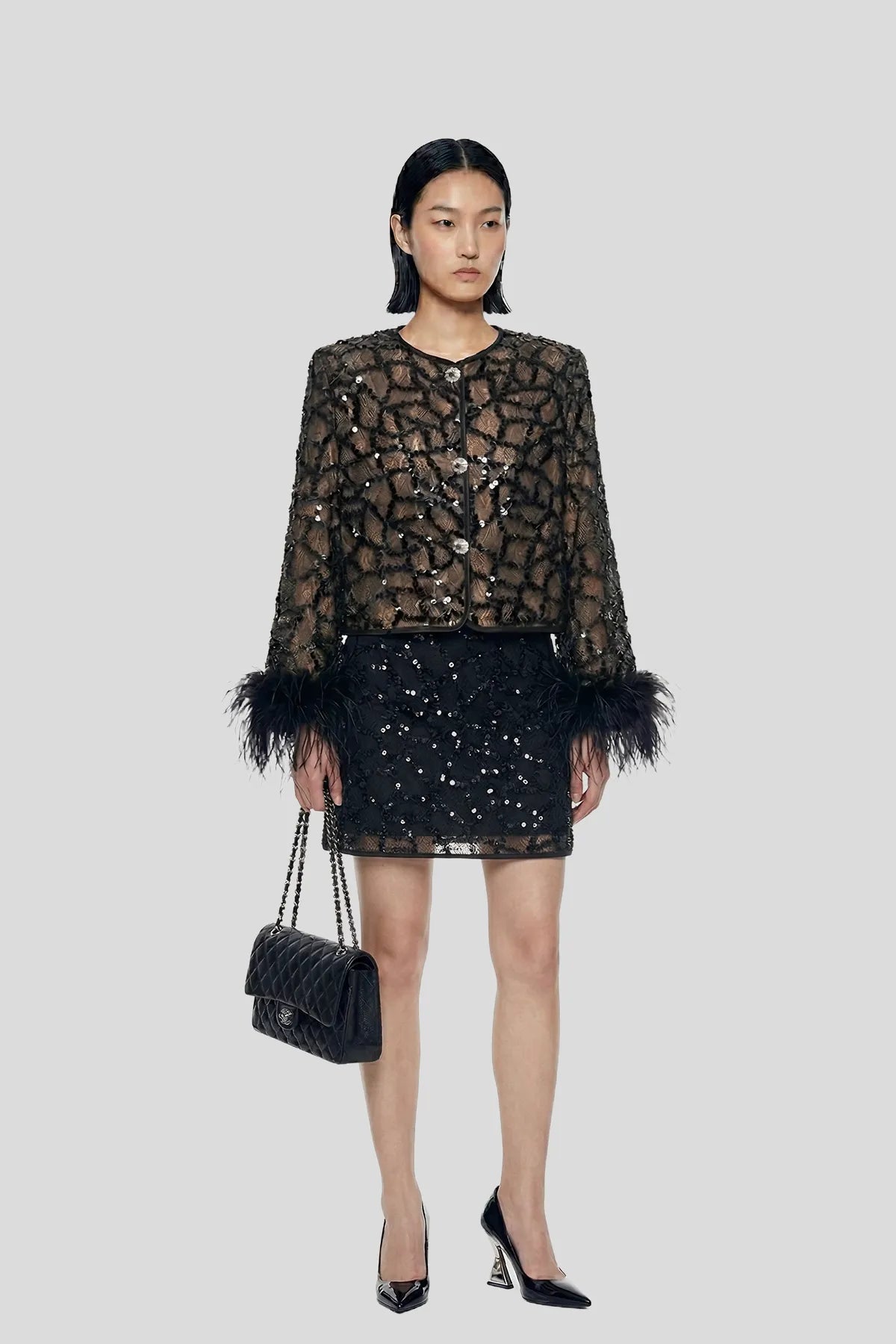 DW Ateller Sequin Lace Feather-Cuff Evening Jacket