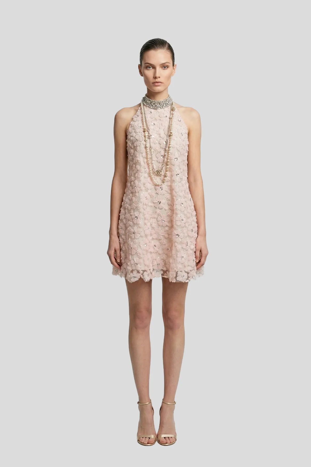 DW Ateller 3D Floral Appliqué Halter Mini Dress