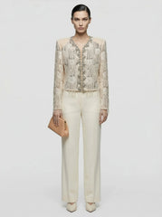 Crystal-Trimmed Sequined Lace Cropped Jacket