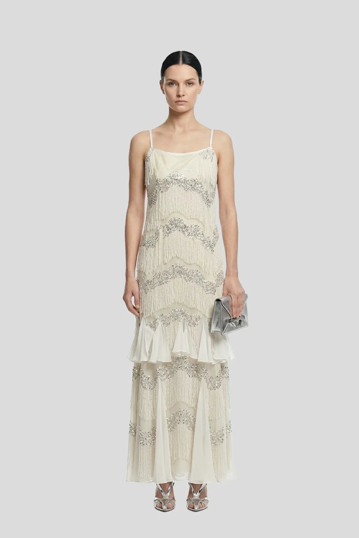 DW Ateller Tiered Beaded Fringe Sequin Maxi Gown