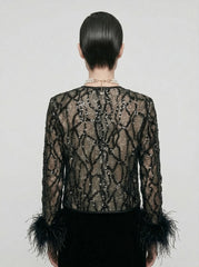 Sequin Lace Feather-Cuff Evening Jacket