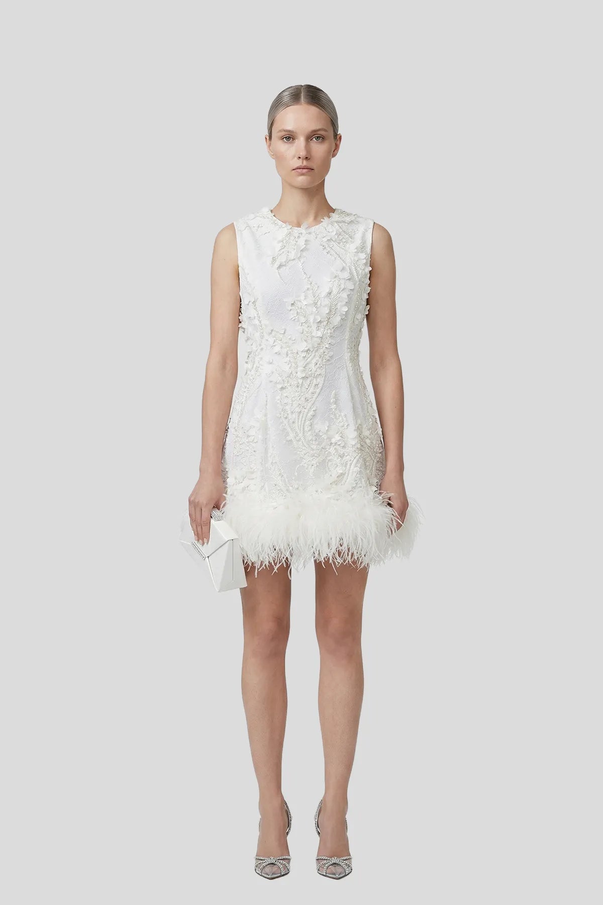 DW Ateller 3D Floral Embellished Mini Dress with Feather Hem