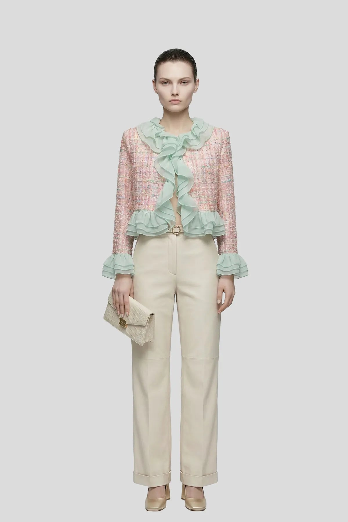 DW Ateller Pastel Tweed & Organza Ruffle Cropped Jacket