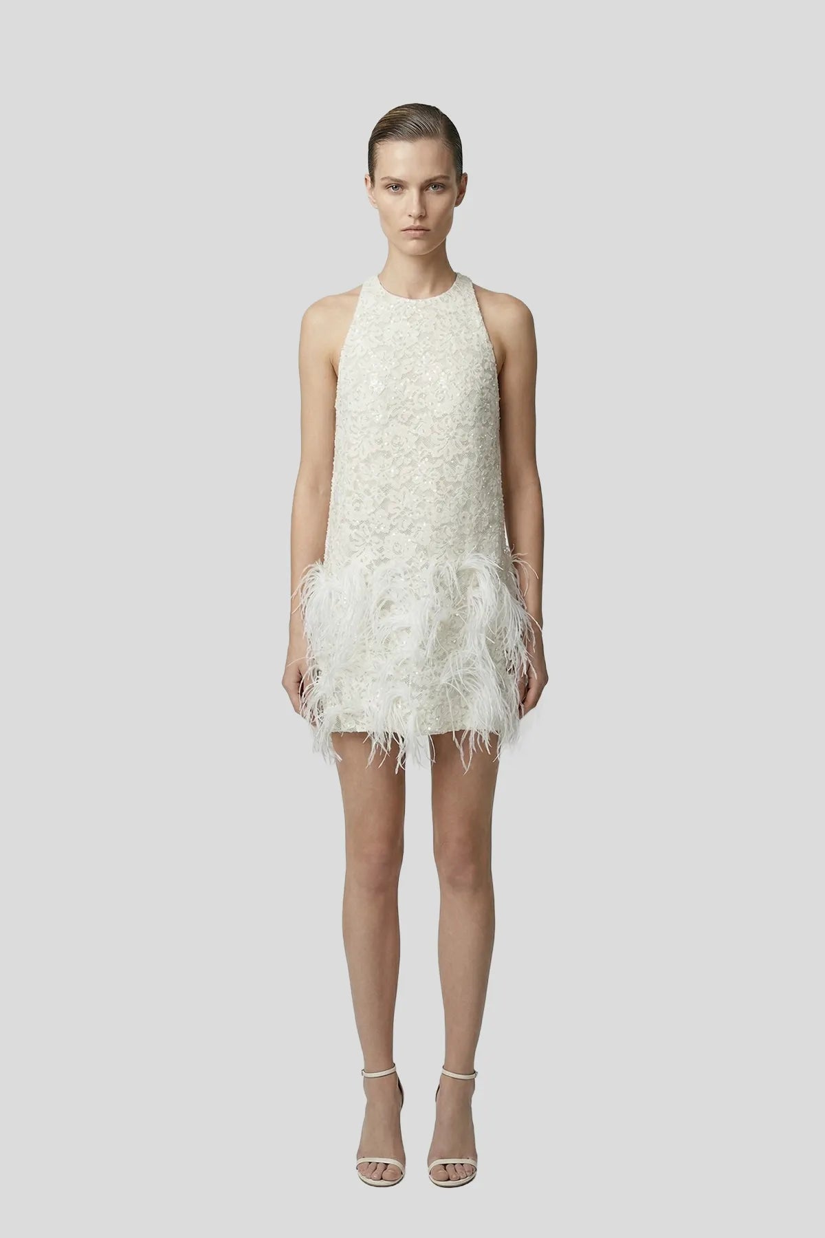 DW Ateller The Seraphina Sequined Lace & Ostrich Feather Mini Dress
