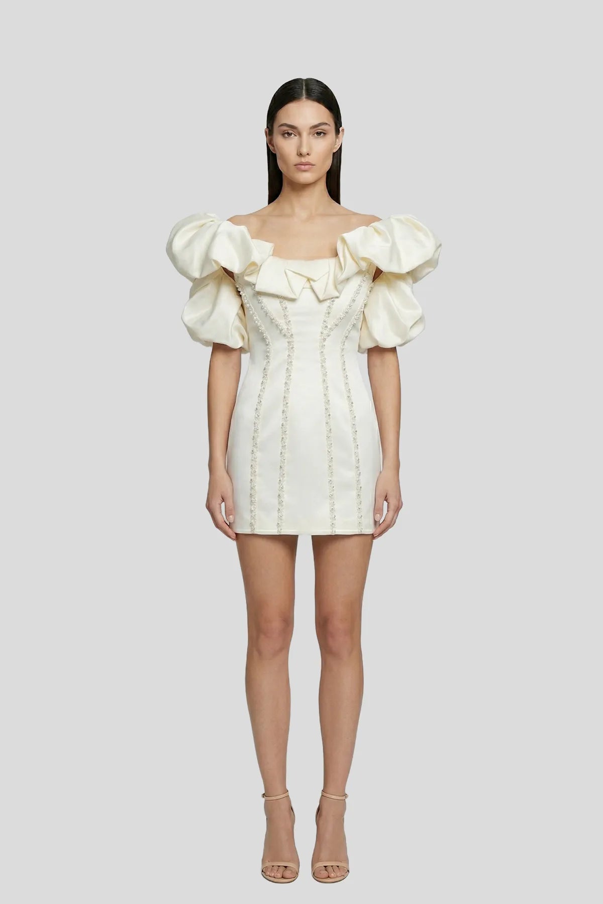Sculptural Pearl-Embellished Mini Dress