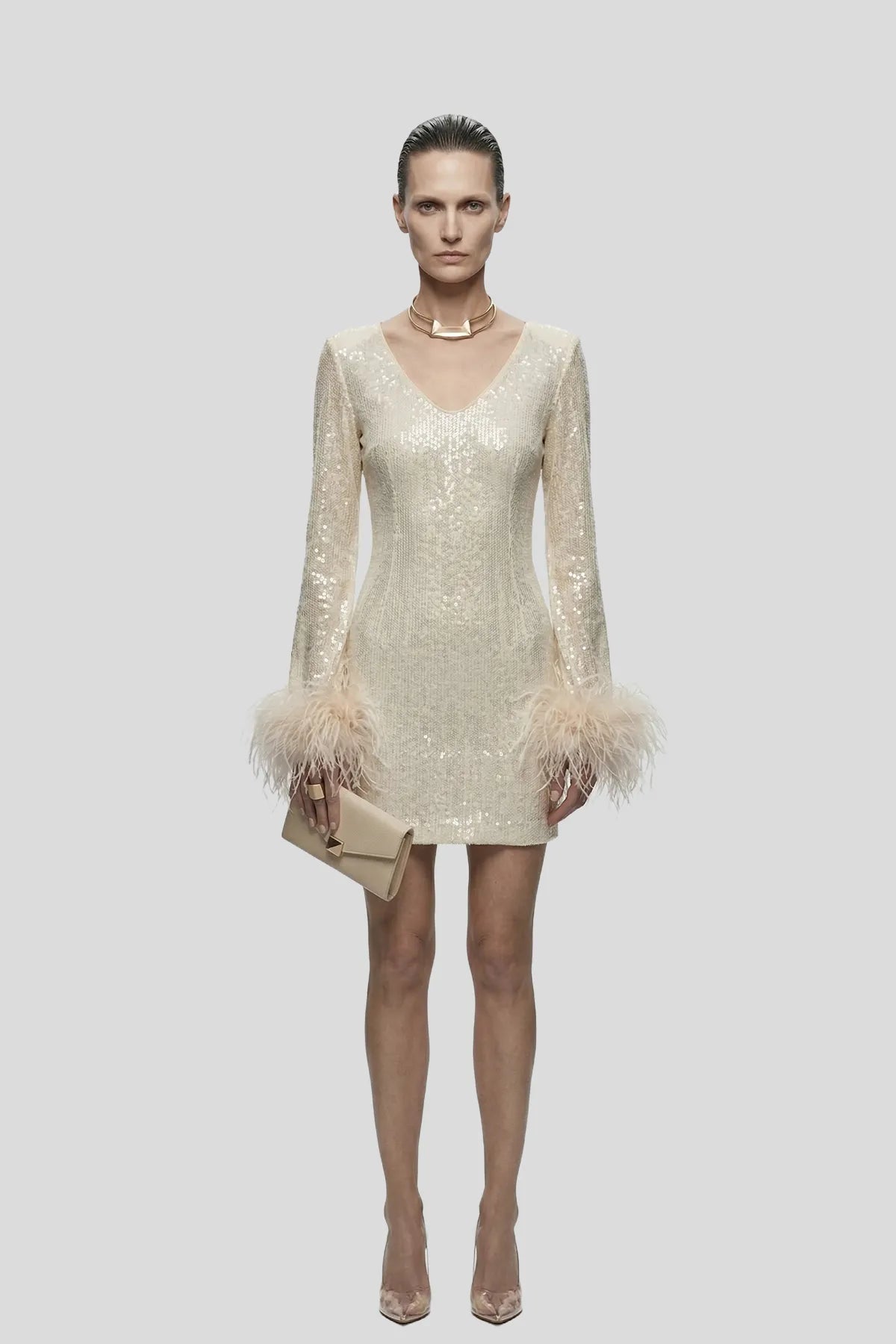 DW Ateller Sequin V-Neck Mini Dress with Ostrich Feather Cuffs