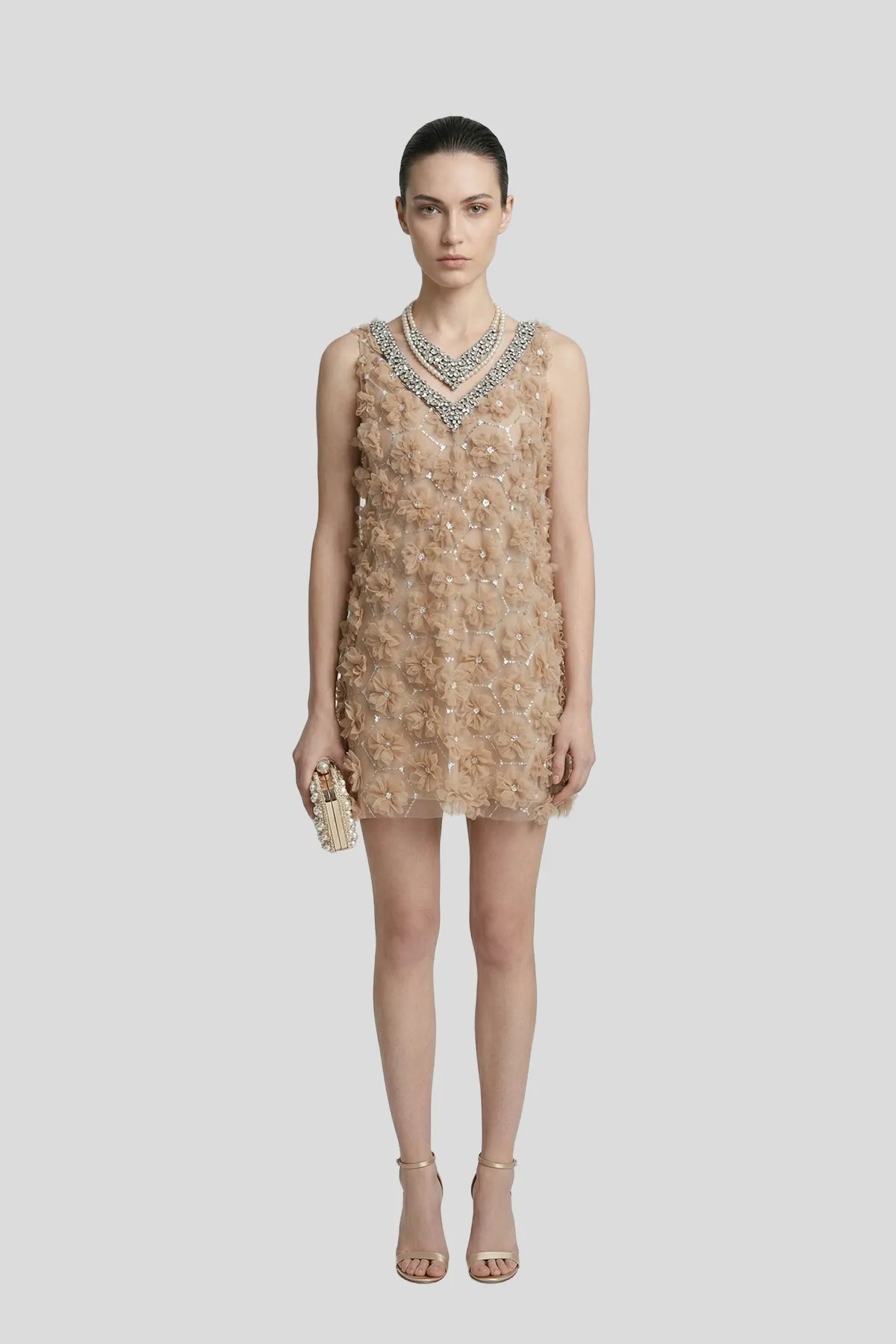 3D Floral Embellished Crystal Mini Dress