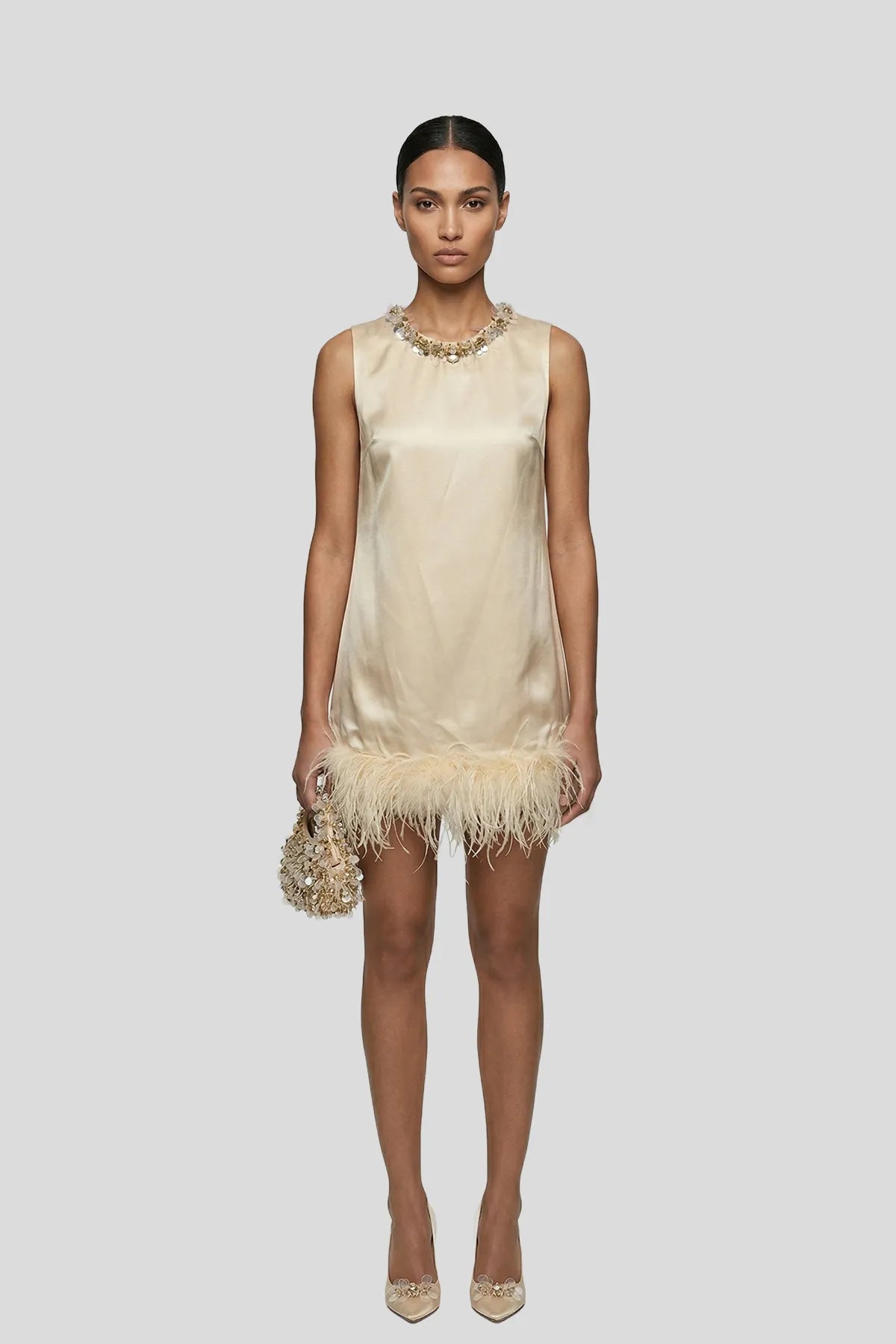 DW Ateller Embellished Satin Mini Dress with Feather Hem