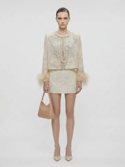 Pearl-Encrusted Lace Jacket & Beaded Mini Skirt