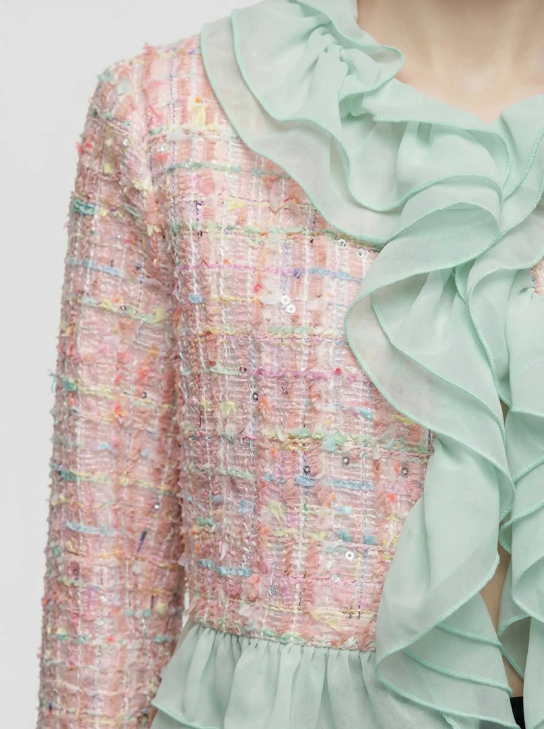 DW Ateller Pastel Tweed & Organza Ruffle Cropped Jacket