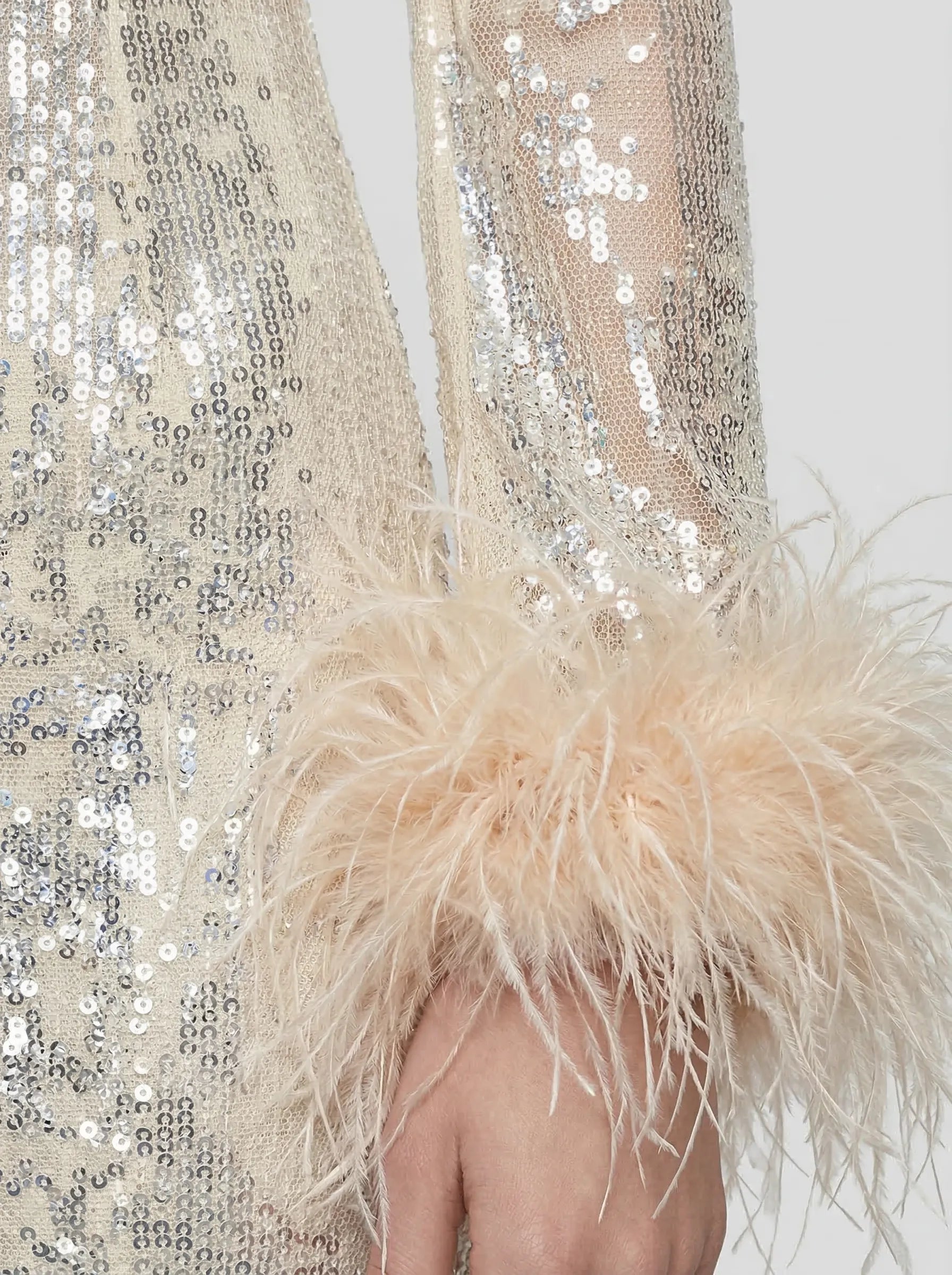 DW Ateller Sequin V-Neck Mini Dress with Ostrich Feather Cuffs